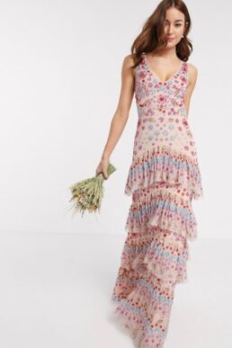 Maya premium contrast embellished ruffle tiered maxi dress in multi cream