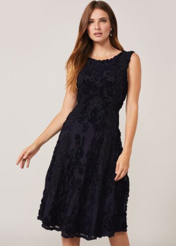 Phase Eight Penelope Tapework Lace Fit And Flare Dress Navy