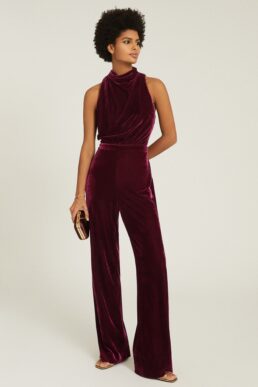 Reiss Joan Berry Velvet High Neck Jumpsuit Deep Red