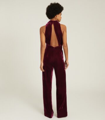 Reiss Joan Berry Velvet High Neck Jumpsuit Deep Red