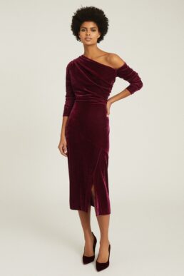 Reiss Bella velvet midi dress berry red purple