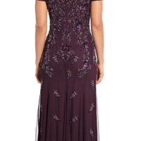 Adrianna Papell Short Sleeve Godet Beaded Long Dress Night Plum