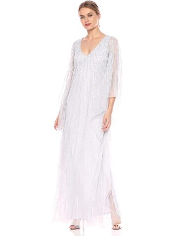 Adrianna Papell Women's Beaded Long Kaftan Dress Cloud Silver