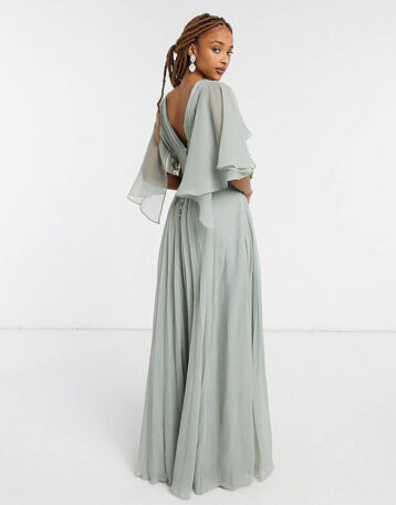 ASOS DESIGN Bridesmaid ruched bodice drape maxi dress wrap waist flutter cape Olive Sage Green