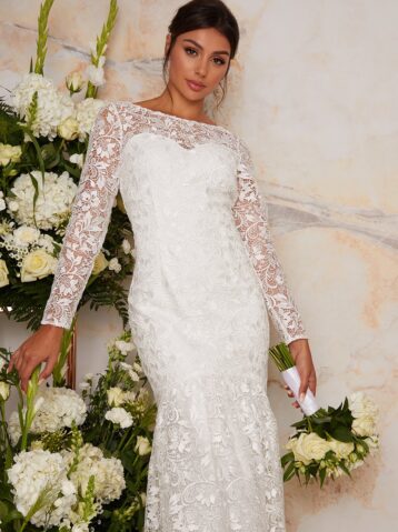 Chi Chi Bridal Josette Lace Sleeve Dress White