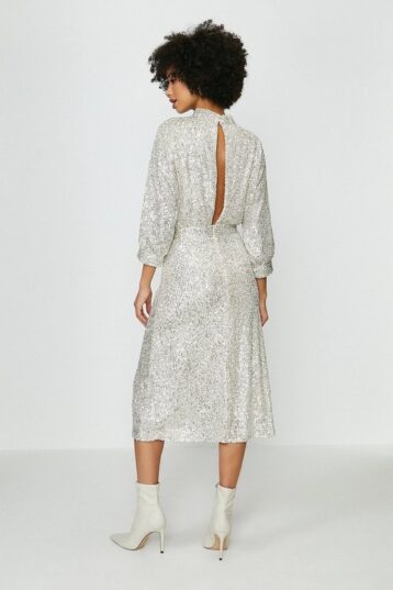 Coast Blouson Sleeve Sequin Midi Dress Silver