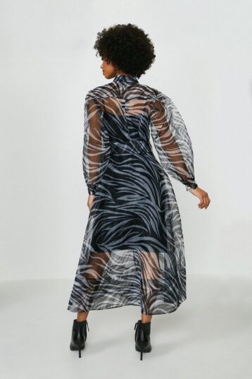 Coast Zebra Printed Organza Long Sleeve Dress Black Blue