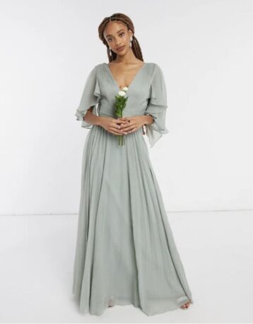 ASOS DESIGN Bridesmaid ruched bodice drape maxi dress wrap waist flutter cape Olive Sage Green