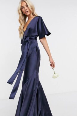 ASOS DESIGN Bridesmaid ruched waist maxi dress with long sleeves and pleat  skirt