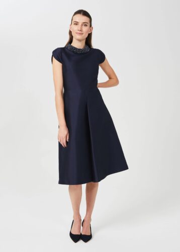 Hobbs Christie Silk Wool Embellished Dress, Navy Blue - myonewedding.co.uk