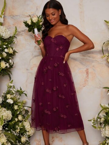 Chi Chi Bardot Lace Overlay Tulle Midi Bridesmaid Dress, Burgundy -  myonewedding.co.uk
