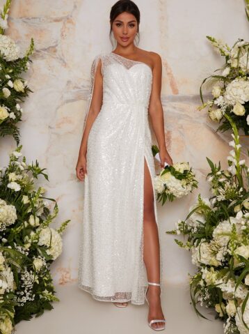 Chi Chi Bridal Abby Sequin One Shoulder Cape Wedding Dress Dress