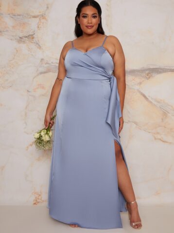 Chi Chi Curve Satin Bridesmaid Cami Wrap Style Maxi Dress In Blue Lilac