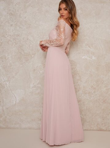 Chi Chi Lace Bridesmaid Maxi Dress With Long Sleeves In Pink/Blush 