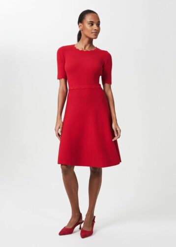 Hobbs Drew Knitted Skater A-line Sleeve Dress Red