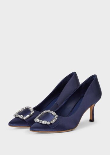 Hobbs Lucinda Satin Jewel Court Shoes, Navy Blue - myonewedding.co.uk