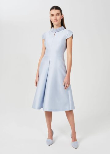 Hobbs Marcella Silk Wool Beaded Dress Light Blue