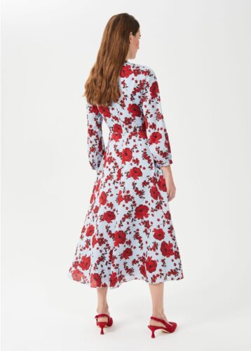 Hobbs Polly Floral Midi Sleeve Dress Light Blue Red