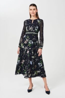 Hobbs Skye Silk Floral Printed Dress Navy Multi