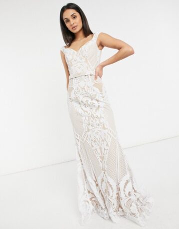 Jovani bridal bardot dress in white nude