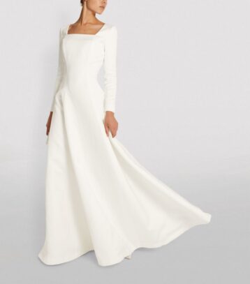 Alexis Mabille Satin Sleeve Square Neck Maxi Bridal Dress White