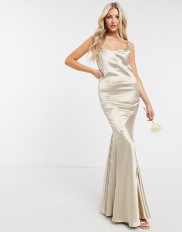 ASOS DESIGN Bridesmaid satin scoop maxi dress with panelled skirt and button back Oyster