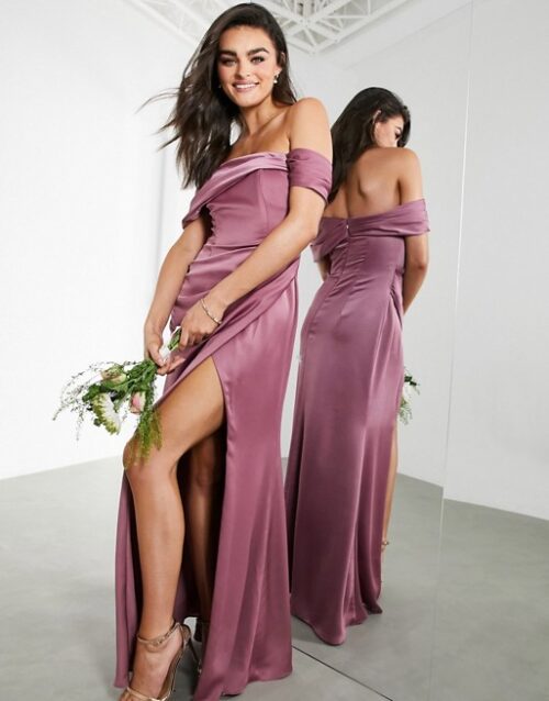 ASOS EDITION satin bardot drape wrap maxi dress orchid/purple 