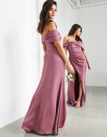 ASOS EDITION satin bardot drape wrap maxi dress orchid/purple - Image 2