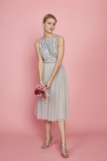 Coast Pleated Mesh Midi Bridesmaid Skirt Silver