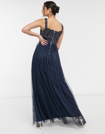 Maya Bridesmaid sleeveless square neck maxi tulle dress with tonal delicate sequin overlay in navy - Image 2