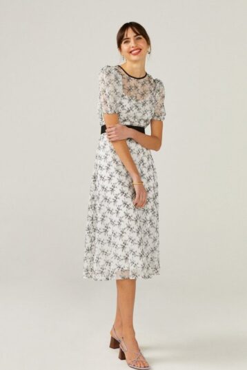 Coast Puff Sleeve Embroidered Floral Dress White Black