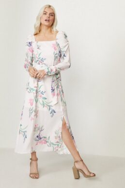 Coast Square Neck Long Sleeve Midi Dress White Pink Multi