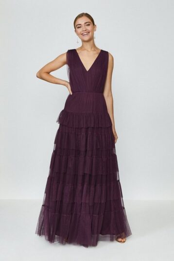 Coast Tulle Tiered Maxi Bridesmaid Dress Berry Deep Purple