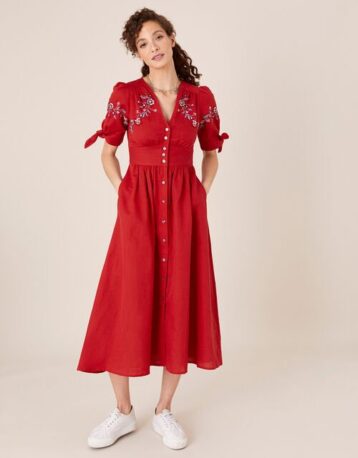 Monsoon Dolly floral embroidered midi dress red multi