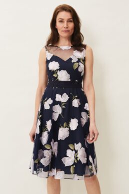 Phase Eight Charlotte Floral Embroidered Dress Navy Ivory