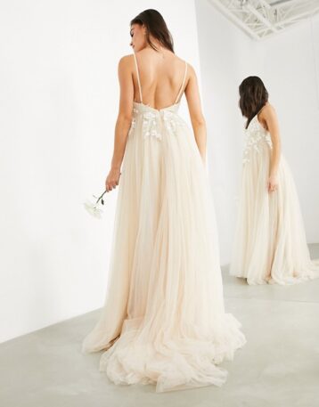 ASOS EDITION Francesca plunge wedding dress with tonal embroidery, Ivory - Image 2