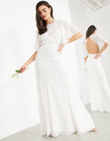 ASOS EDITION Gabriella vintage embellished wedding dress with flutter sleeve Ivory