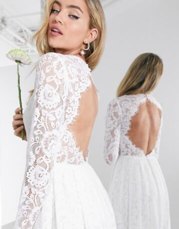 ASOS EDITION Penelope V neck lace wedding dress with open back Ivory