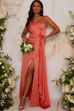 Chi Chi One Shoulder Satin Finish Maxi Bridesmaids Dress in Orange