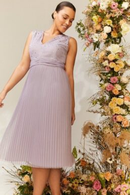 Coast Curve V Neck Pleated Skirt Sequin Midi Dress Lilac Light Purple