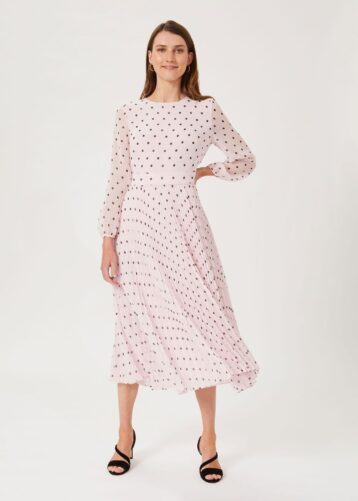 Hobbs Selena Spot Pleated Dress Pale Pink Blush Black