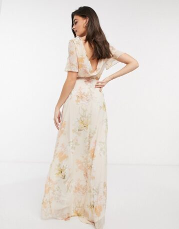 Hope & Ivy bridesmaid draped back maxi dress in peach floral ivory