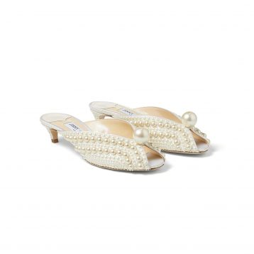 Jimmy Choo SAMANTHA 35 White Satin Mules with All-Over Pearls