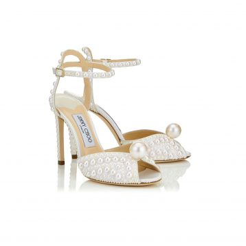 Jimmy Choo SACORA 100 White Satin Sandals with All Over Pearls