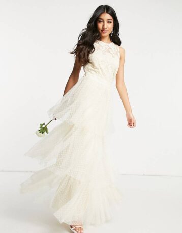 Y.A.S Bridal maxi dress with lace top and tulle tiered skirt in white