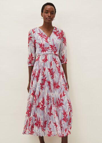 Phase Eight Ellen Palm Print Pleated Midaxi Dress Sky Blue Pink