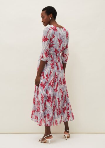 Phase Eight Ellen Palm Print Pleated Midaxi Dress Sky Blue Pink