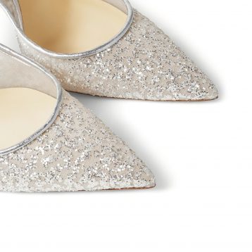 Jimmy Choo BING 100 Silver Glitter Tulle Mules with Crystal Strap