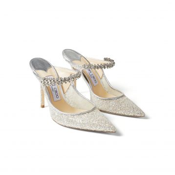 Jimmy Choo BING 100 Silver Glitter Tulle Mules with Crystal Strap