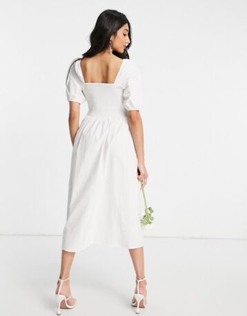 Y.A.S Bridal poplin midi dress with shirred top and puff sleeves in white - Image 2